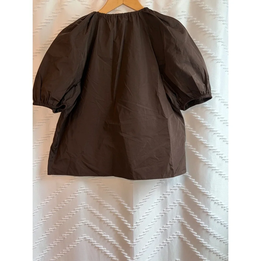 Ulla Johnson Brown Silk Blend Puff Sleeve Gathered Blouse Top Size 6